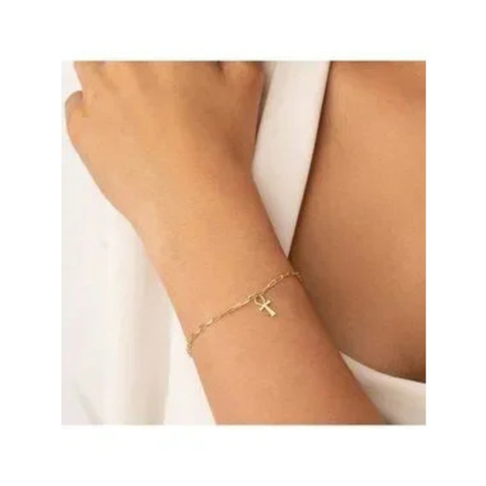 Gold Plated Stainless Steel Ankh Paperclip Bracelet